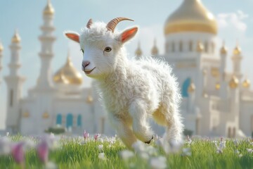 Obraz premium A fluffy kid goat runs in a grassy field near a grand building.