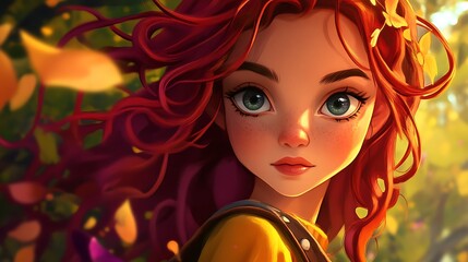 Animated young girl with red hair and green eyes in a forest setting.