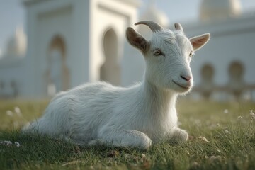 Obraz premium A peaceful white kid goat resting in grassy field.