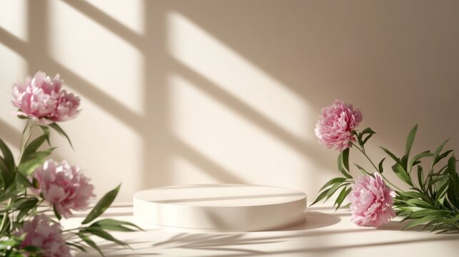 Empty white round podium is surrounded by delicate pink peonies against warm beige backdrop with distinct window shadows. Ideal for displaying natural beauty products or spring summer promotions