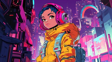 Stylish character with backpack and headphones in a vibrant cityscape.