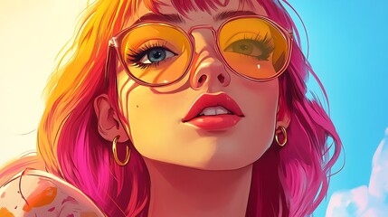 Obraz premium Stylish woman with pink hair and yellow glasses gazing into the summer sun.