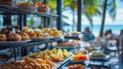 Delicious buffet spread with pastries, fruits, and savory items, set against a tropical beach background