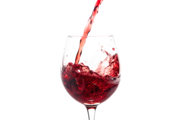 A close up shot of red wine being poured into a clear glass on a black background creating a splash
