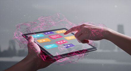 Hands interacting with a tablet displaying colorful chat icons surrounded by a pink digital network effect against a blurred cityscape background showcasing modern communication technology.