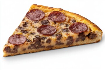 Slice of Pepperoni and Sausage Pizza Close Up Studio Shot on White Background Delicious Italian Food