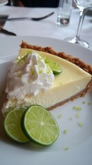 Key Lime Pie Slice Close Up at Restaurant Table Dessert with Whipped Cream and Lime Garnish Delicious Treat