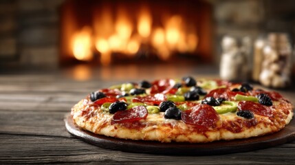 Freshly baked pepperoni and vegetable pizza sits on a wooden table in a cozy setting by a crackling fireplace
