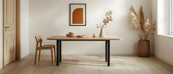 Neutral Color Modern Dining Room With Wooden Table And Chair