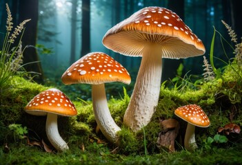 Mushrooms in the woods have moss and grass on the ground