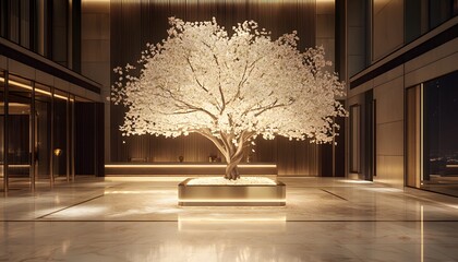 Modern, illuminated lobby interior with a glowing white tree.