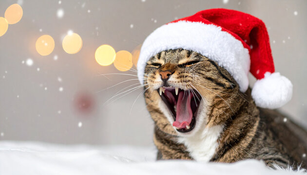Brown tabby cat wearing Christmas Santa hat yawns joyfully during snowfall, creating festive and cozy atmosphere with blurred holiday lights in background