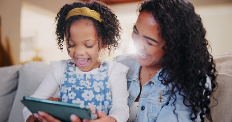 Mother, child and laugh with tablet in home for comedy movie, funny joke or streaming show...