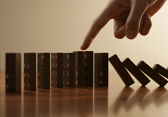 A finger about to topple a line of dominoes demonstrates chain reaction consequences concept for business risk management and strategic planning success.
