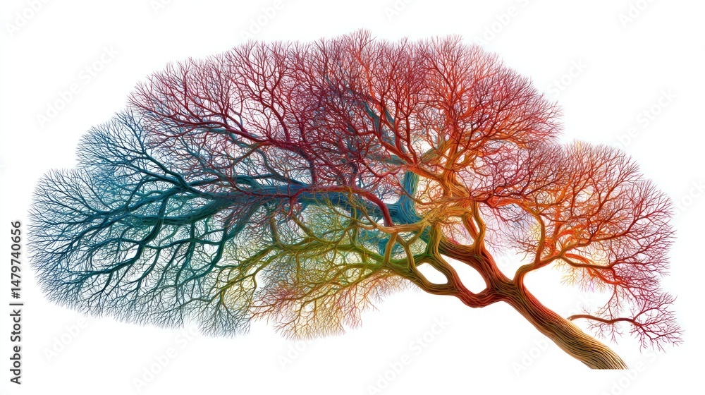 Poster abstract colorful tree: a vibrant digital artwork showcasing a tree's intricate branches, radiating 