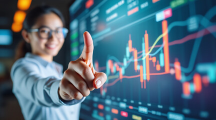 Businesswoman Analyzing Stock Market Trends Using Touch Screen Digital Interface