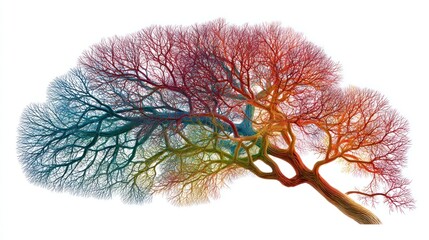 Fototapeta premium Abstract Colorful Tree: A vibrant digital artwork showcasing a tree's intricate branches, radiating in a spectrum of colors against a stark white background.