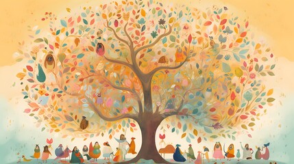 A whimsical gathering under a colorful autumn tree, illustrative art style.