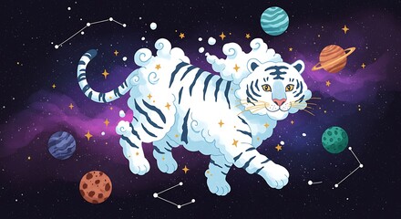 Fantasy Cloud Tiger in Outer Space with Planets and Stars – Celestial Animal in Cosmic Galaxy Universe Art

