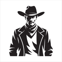 Cowboy silhouette in hat and bandana isolated on white background, western outlaw vector art.