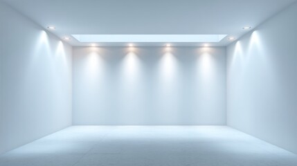 Bright and spacious empty room with natural light from skylight and warm artificial lighting on walls