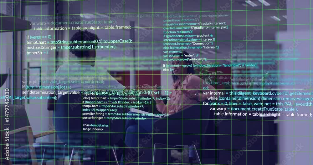 Poster man explaining board as woman gesturing in tech meeting showing javascript code, green grid overlay