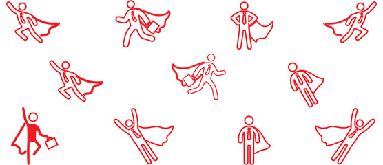 Superhero business pictogram man icon set. Superhero businessman flying stick figure. employer pictogram person. Vector illustration © Never Give up 