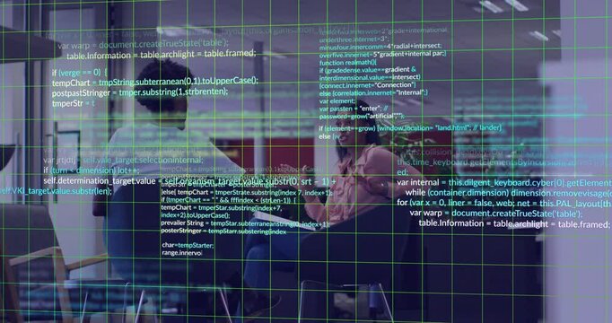 Man explaining board as woman gesturing in tech meeting showing JavaScript code, green grid overlay