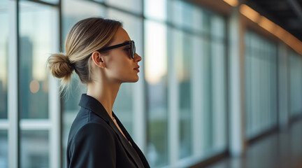 Woman in Business Attire with Sunglasses in Modern Office Environment