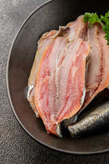 Sardine raw fish fillet seafood anchovy filet fresh delicious gourmet food background on the table rustic food top view copy space pescetarian diet