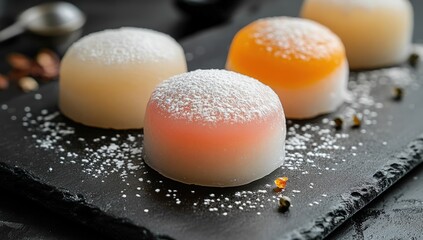 Close-up of colorful Japanese Mochi desserts on a dark stone plate