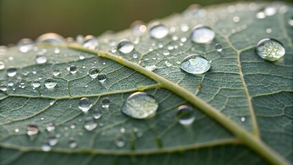 Macro image capturing clear water droplets resting on a fresh green leaf with shallow depth of field, showcasing the beauty of nature’s details.