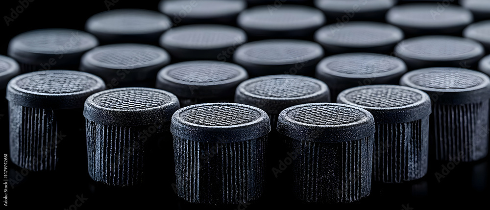 Poster close up view of cylindrical dark objects on dark background