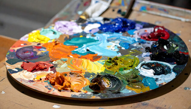 a large circular palette filled with various colors of paint