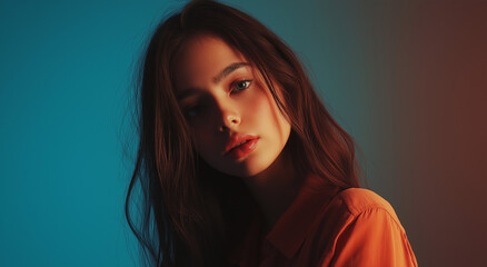 jovem mulher confiante posando em um estúdio de fotografia profissional, retrato de uma modelo feminina em traje casual