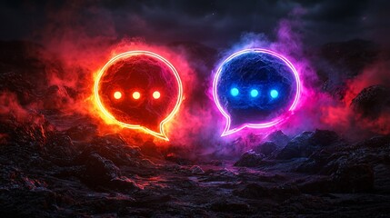 Fototapeta premium Two glowing chat bubbles, red and blue, on a dark, mountainous landscape