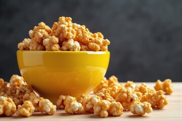 yellow bowl filled with popcorn sitting on top of a wooden table