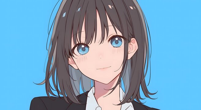 Anime-style digital illustration of a young woman with blue eyes and a kind smile.