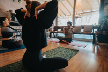 A yoga instructor leads a group of participants in a peaceful indoor environment, teaching mindful postures and encouraging relaxation.