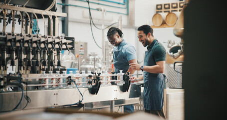 Conveyor belt, people and bottling alcohol in distillery for spirits production, packaging and...