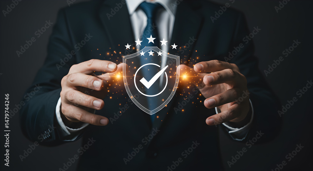 Poster a businessman confidently presents a glowing digital shield with a check mark signifying security pr