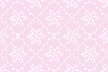 Pink Seamless Pattern with Hand-Drawn Floral Motifs and Botanical Elements