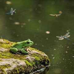 Obraz premium A frog sits on a rock near a rain-fed pond in Chakwal while dragonflies hover in the humid air