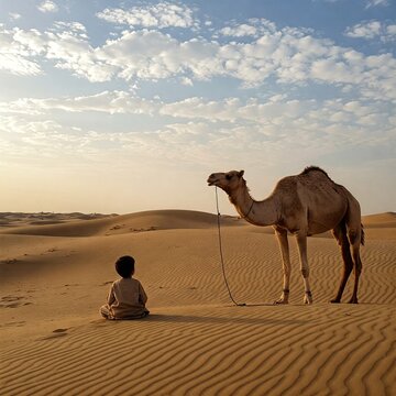 A small boy watches clouds from a sand dune in the Cholistan desert while a camel stands quietly beside him. tasveer genrate kro