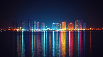 Fototapeta premium Vibrant city skyline at night, reflected in calm water. Bright lights of modern buildings reflected on the water's surface, creating a colorful spectacle