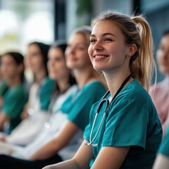 Medical Students Attending Lecture in Auditorium, Smiling and Looking Up, Medium Shot, Healthcare Education, Bright Natural Light
