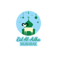 Fototapeta premium Eid Al-Adha Mubarak Greeting with Ram, Green Mosque, and Hanging Ornaments on Blue Background