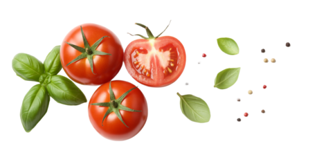 Fresh Tomatoes with Basil Leaves and Mixed Peppercorns, Overhead Flat Lay, Transparent PNG