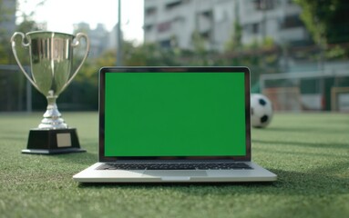 Laptop with green screen placed beside trophy and soccer ball on grassy field during sunny afternoon