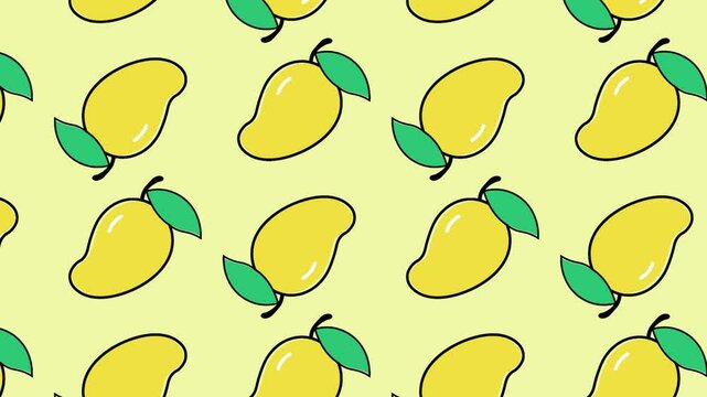 Seamless mango pattern and juicy tropical fruit animation on blue screen for summer design packaging, textile, branding, and motion use